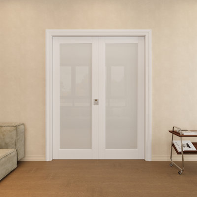 56" x 96" Frosted Glass Double Pocket Door with Silver Lock, Privacy & Safety Tempered Glass Door Slab, Paintable & Waterproof, Suit for Closet, Pantry Doors, Bedroom Doors