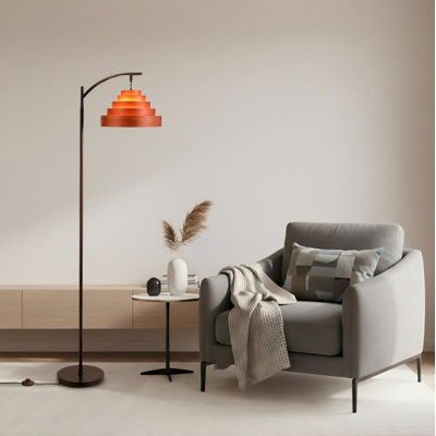 Lampe sur pied, lampe sur pied moderne Mid-Century avec abat-jour en bois stratifié, grande lampe de lecture (noir)
