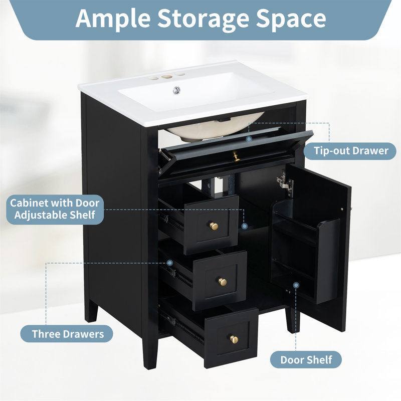 24" Single Vanity With Ceramic Sink, Drawers, Adjustable Inner Shelf And Rack, Black, Silver