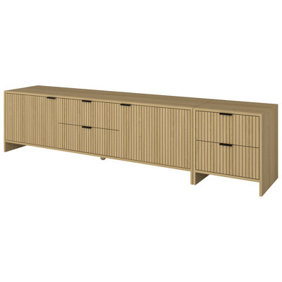 Fluted Tv Stand For Tvs Up To 85",modern Tv Console With 4 Drawers,wood Entertainment Center With Storage Cabinets & Adjustable Shelves For Living Room,natural Oak