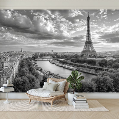Peel and Stick Wallpaper 96" W x 69" H Modern Self Adhesive Wall Mural for Bedroom Paris Eiffel Tower Cityscape Black White River Landscape