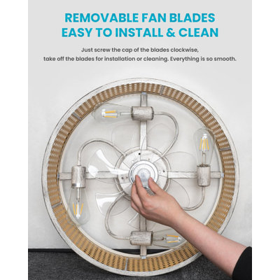 20" Rattan Caged Ceiling Fan with Light & Remote Control, Flush Mount Boho Style Fandelier, Drum Shade, Bladeless/6 Speed/Timer/Quiet DC Motor/Low Profile, for Bedroom Living Room Kitchen