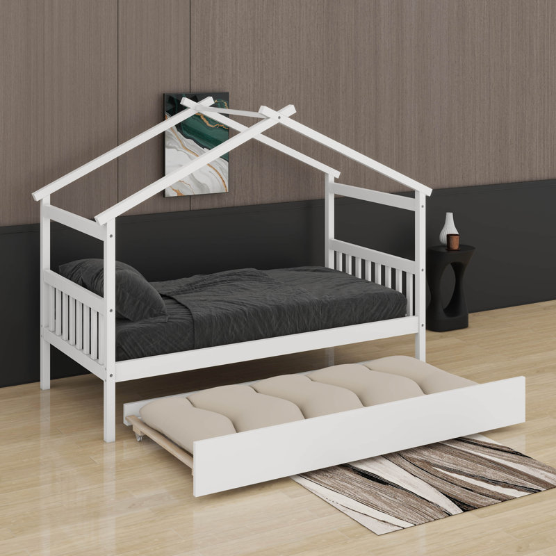 Lit simple en bois avec lit gigogne, Blanc