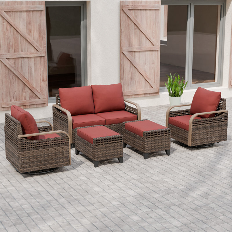 5-Piece Outdoor Patio Brown Wicker Wood Grain Armrest Swivel Glider Chair Loveseat Seating Group with Cushion, Ottomans, Red