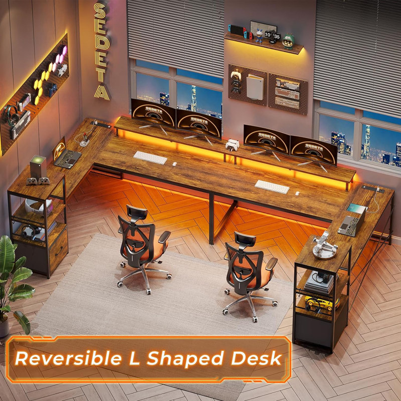 Shontae L-Shaped Computer Desk with Power Outlet, Brown/Black