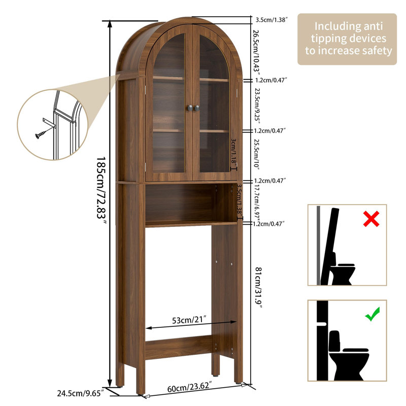 Over-the-Toilet Storage Cabinet with Acrylic Doors, 4-Tier Mid Century Modern Bathroom Organizer with Adjustable Shelf, Slim Narrow Arch Toilet Rack