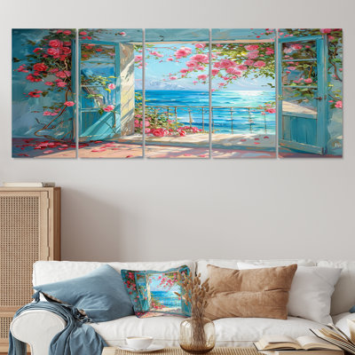 «Beach House Blossoming Pink Roses Ocean View - Beach and Ocean», art mural 5 pièces