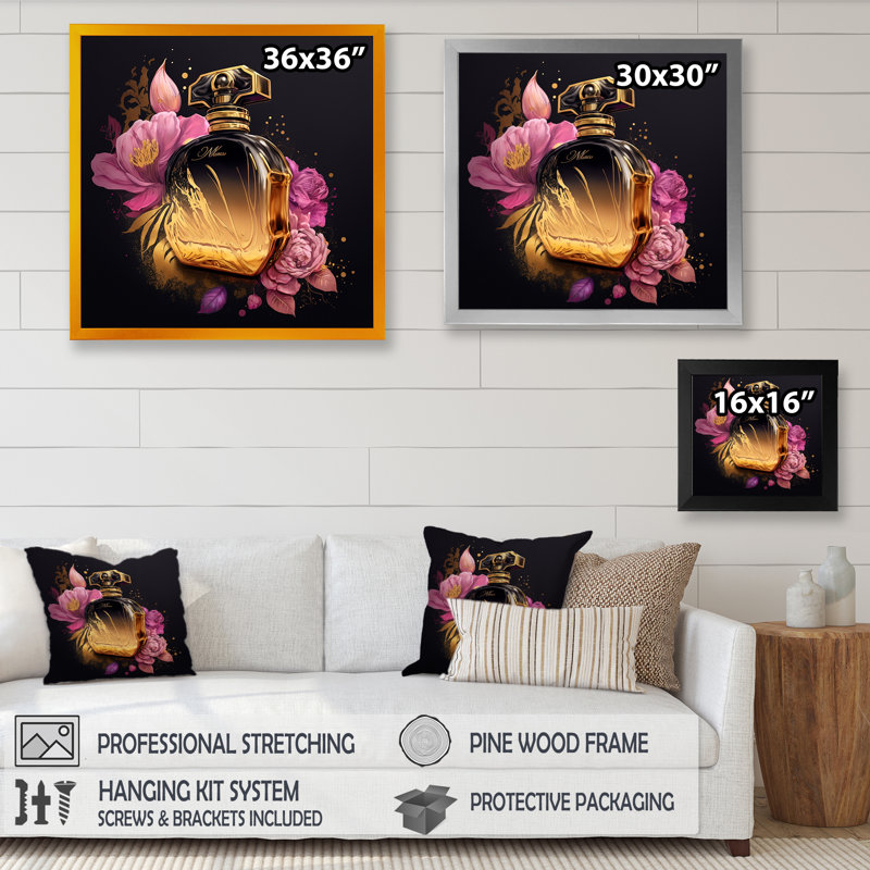 Chic noir et or bouteille de parfum V - cadre flottant, impression sur toile, Impression dorée sur toile encadrée