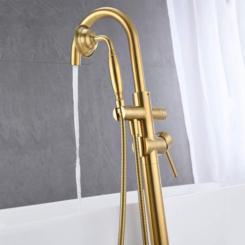 Brushed Gold Freestanding Brass Bathtub Faucet with Hand Shower