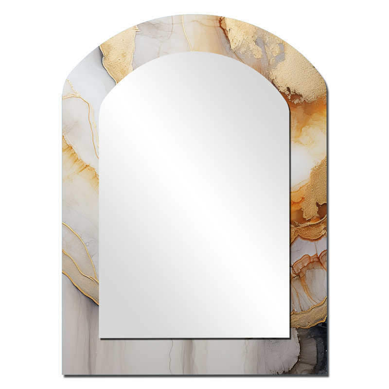 Beige And Orange Minimalism Stone Geode I - Stone Geode Asymmetrical Wall Mirror, Beige Arch Decorative Mirror, Printed Metal Art