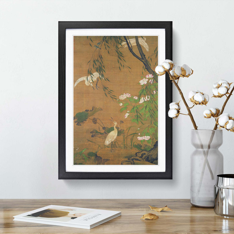 Autumn Egrets & Hibiscus by Lu Ji - Framed Print, 33cm H x 24cm W x 2cm D, Black  Bordered Framed