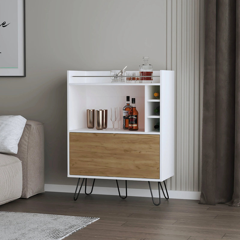 Armoire de rangement avec porte rabattable et rangement pour bouteilles de vin