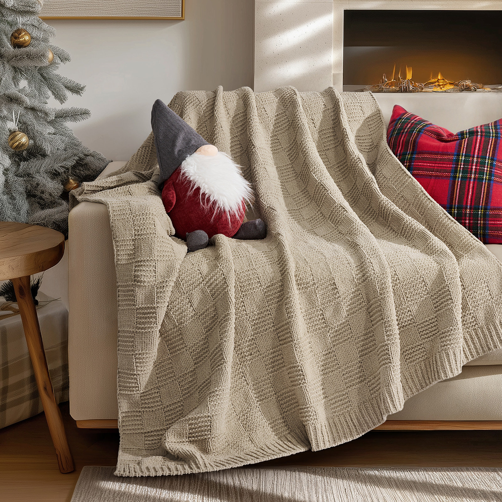 Checkered Weighted Knit Throw Blanket, 50" X 60", Sand Dune