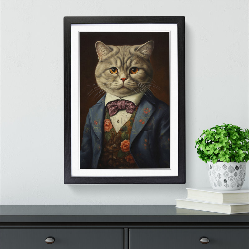 Cat In A Suit Painting No.3 - Single Picture Frame Print on Wood, Black Framed, 46cm H x 34cm W x 2cm D