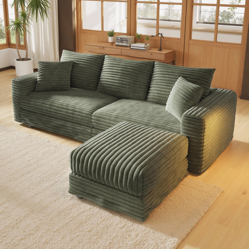 82.7" L-Shaped Corduroy Sectional Sofa Upholstered 3-Seat Cloud Couch with Ottoman, Convertible Design, 1000 lb Capacity, Plush Deep Seating & Soft Pillows