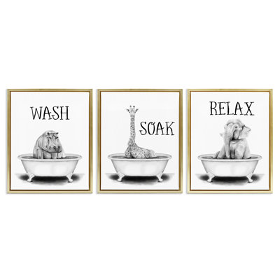 «Wash Soak Relax Jungle Animals», ensemble de 3 toiles flottantes encadrées dorées par Rachel Nieman