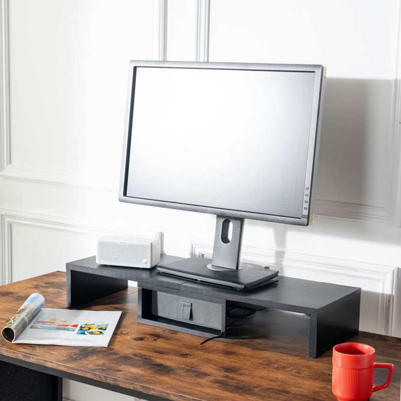 Support de bureau double avec tiroir de rangement, Noir, noir, noir, noir
