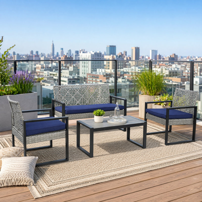 Ensemble de mobilier de patio 4 pièces avec table basse et coussin de siège, Gris