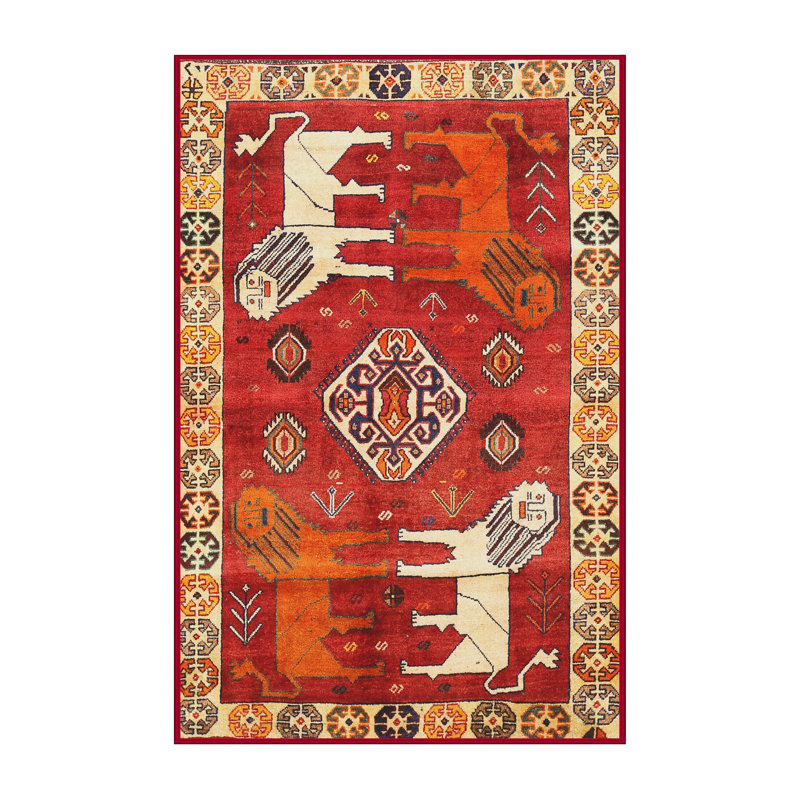 Tapis traditionnel rouge / orange / beige, Rectangle 7 pi x 9 pi