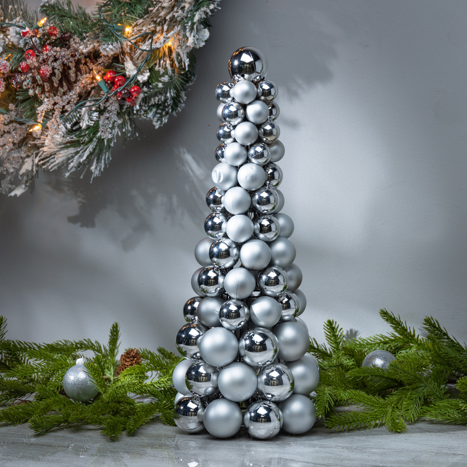 Silver Ornament Cone Tabletop Tree