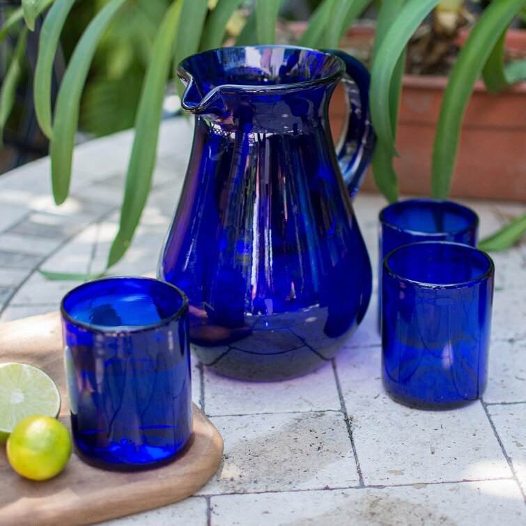 Hand Painted Lemon & Blueberry One Gallon Glass Pitcher Set With