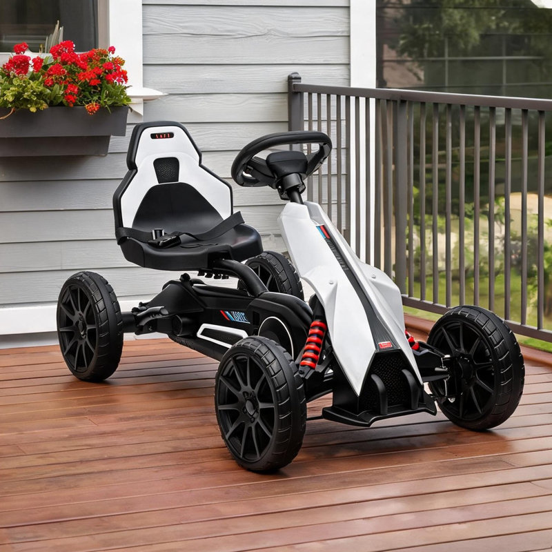 Kart à pédales pour enfant avec siège réglable, essieu pivotant, blanc classique, 39,25 pouces pour l'extérieur