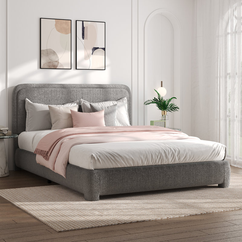 Lit plateforme tapissier Bensu Boucle, Grand lit, Gris clair