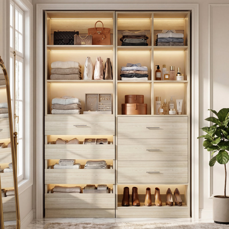 Modular Walk-In Closet System With 4 Hanging Rods, 3 Shelves & 7 Drawers - Versatile Storage Solution, Beige