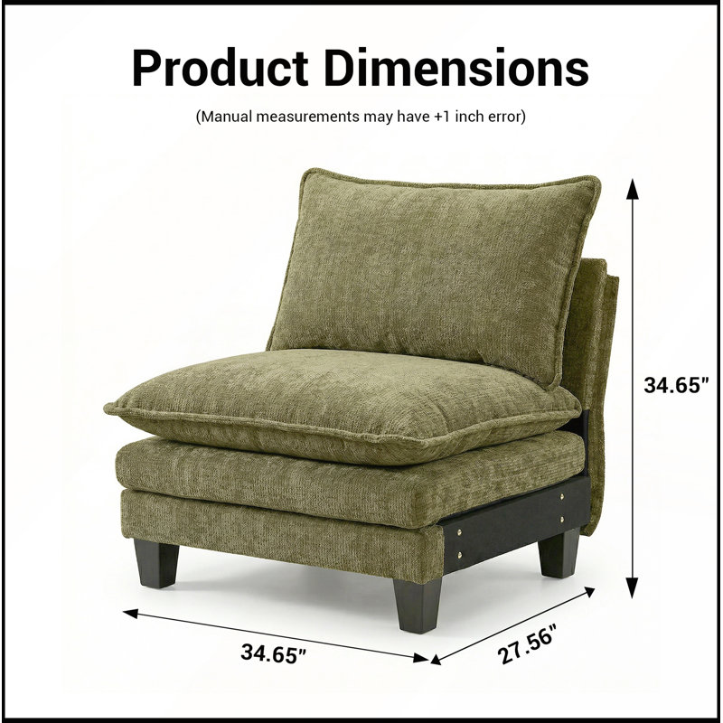 Fauteuil d'appoint en chenille vert sans accoudoirs, canapé simple modulaire moderne pour le salon, coin lecture et sièges confortables