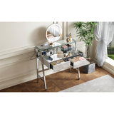 33.9" Mirrored Makeup Vanity Desk with Mirror and Lights, Mirrored Console Vanity Table with 2 Big Drawers & Open Shelf, Dressing Table with Charging Station for Bedroom, Silver