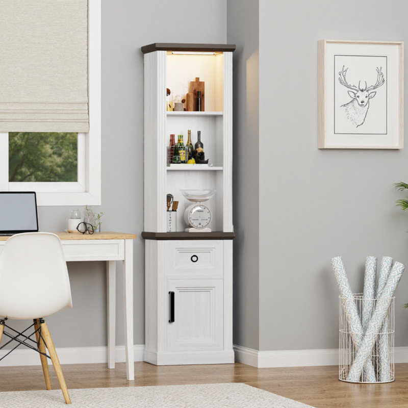 69.3“H × 14.6"W Bookshelf With Storage Cabinet & Adjustable Shelves, Narrow Bookcase With Cabinet And Drawer, Adjustable Led Light Freestanding Display Book Shelf For Bedroom,living Room, Office, Right Door