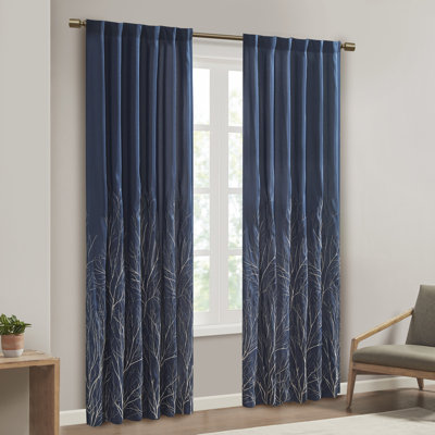 Andora Navy Embroidered Branch Rod Pocket Single 50x84" Curtain Panel