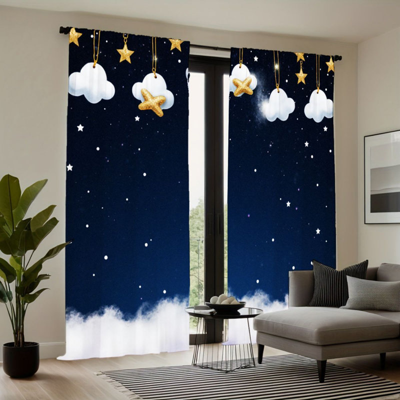 2PCS Dreamy Cloud Starry Sky Pattern Light Filtering Curtains, Cute Hanging Stars and Clouds Decor, Easy Hang Rod Pocket Design, All-Season for Teens Bedroom Dormitory Living Room Decoration