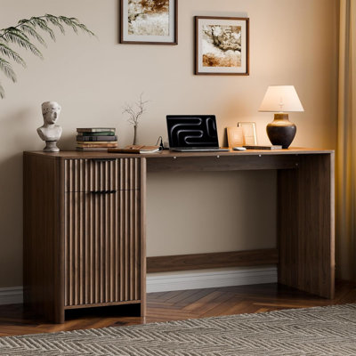 60" Fluted Home Office Desks With Storage, Modern Executive Desk Computer Desk With Drawer & Cabinet, Wood Work Desk For Office, Bedroom, Study, Livin by Inbox Zero