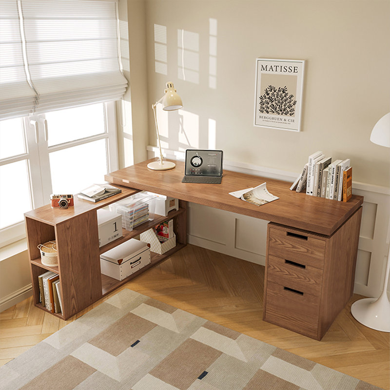 Bureau de direction en L en noyer massif avec tiroirs, 29,53 po H x 78,74 po L x 47,24 po P