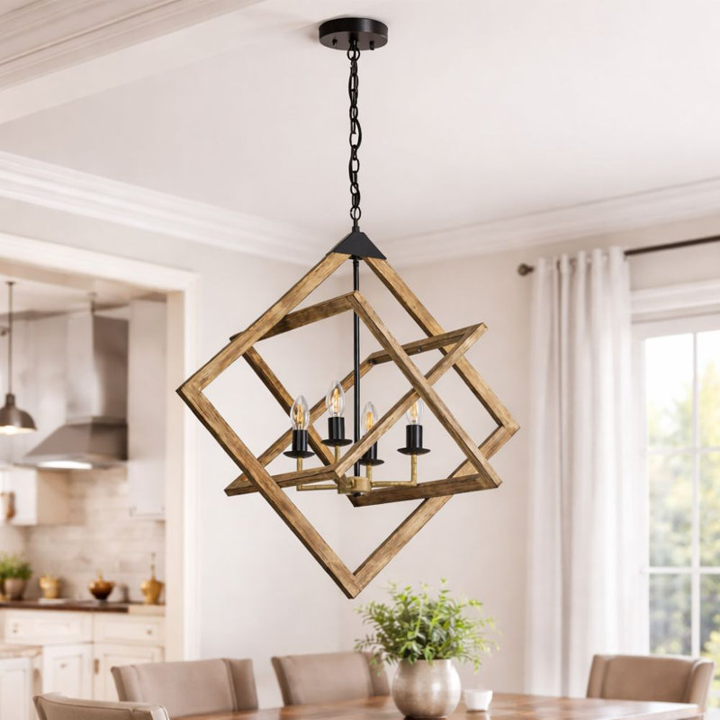 Lustre style cage de style chandelier 4 lumières en bois peint 