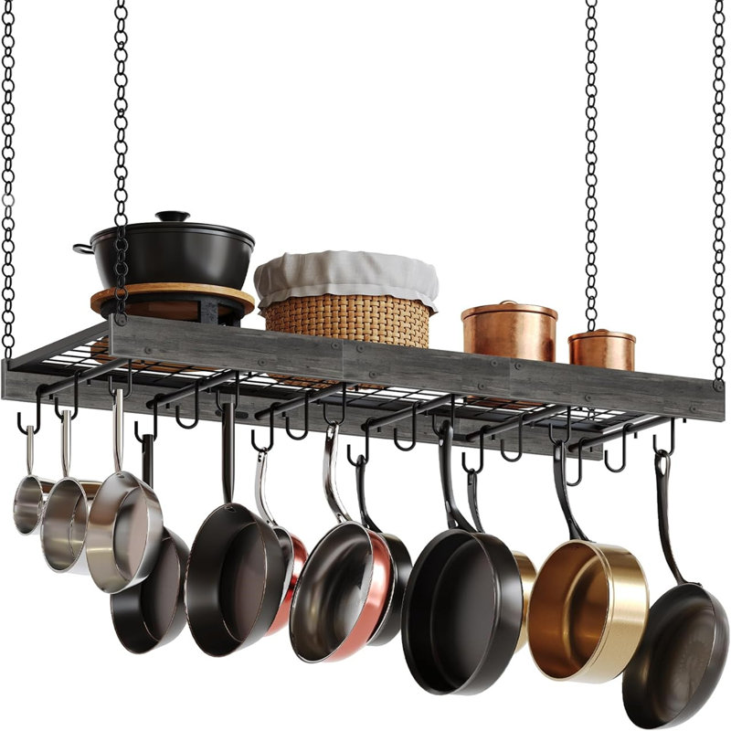 industrial style ceiling/wall mounted pot rack with hooks for kitchen storage, space saving, practical and beautiful.