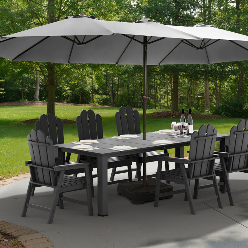 Dining set for outdoor courtyard lawn, including a long rectangular table and 8 high-quality armchairs with backrests, suitable for family daily gatherings and entertaining guests.