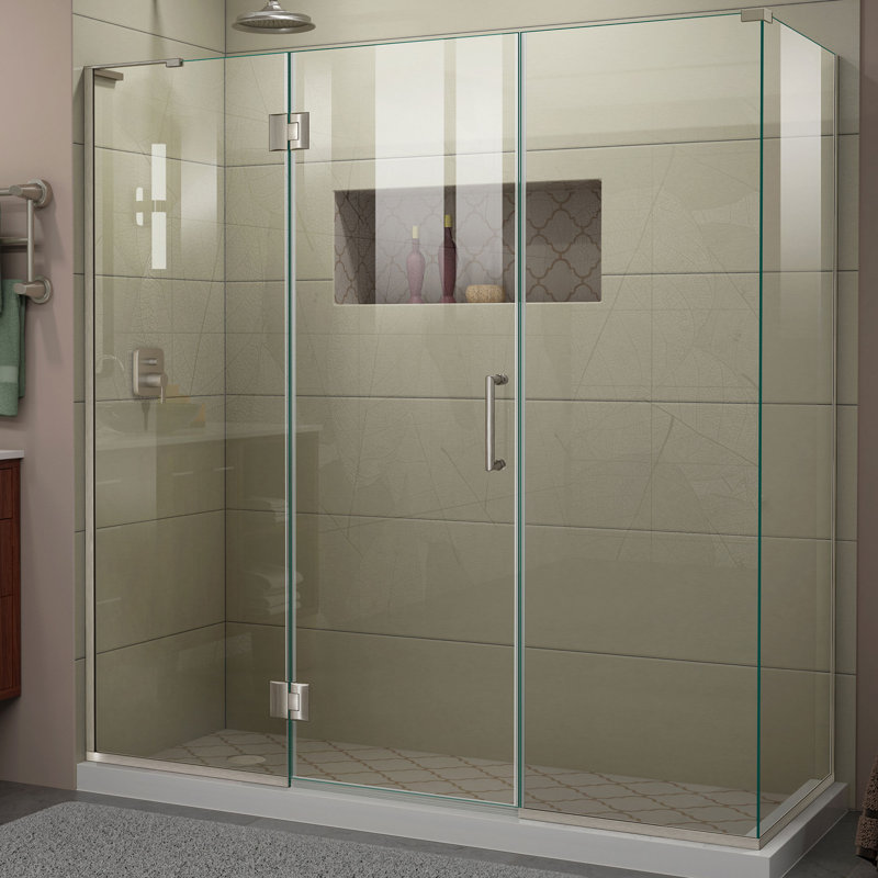 Unidoor-X 70" W x 34.38" D x 72" H Frameless Rectangle Shower Enclosure, Brushed Nickel, Left Opening