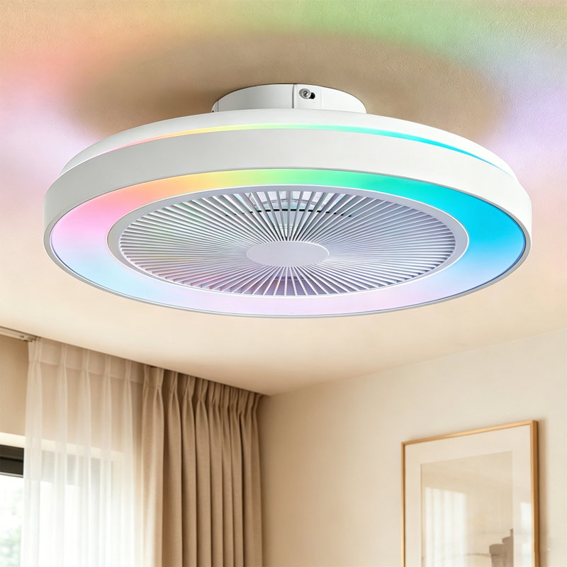 Makaiyla 20" WiFi Bluetooth LED RGB Flush Mount Ceiling Fan Light with Remote APP Voice Control, 20" Wide, White