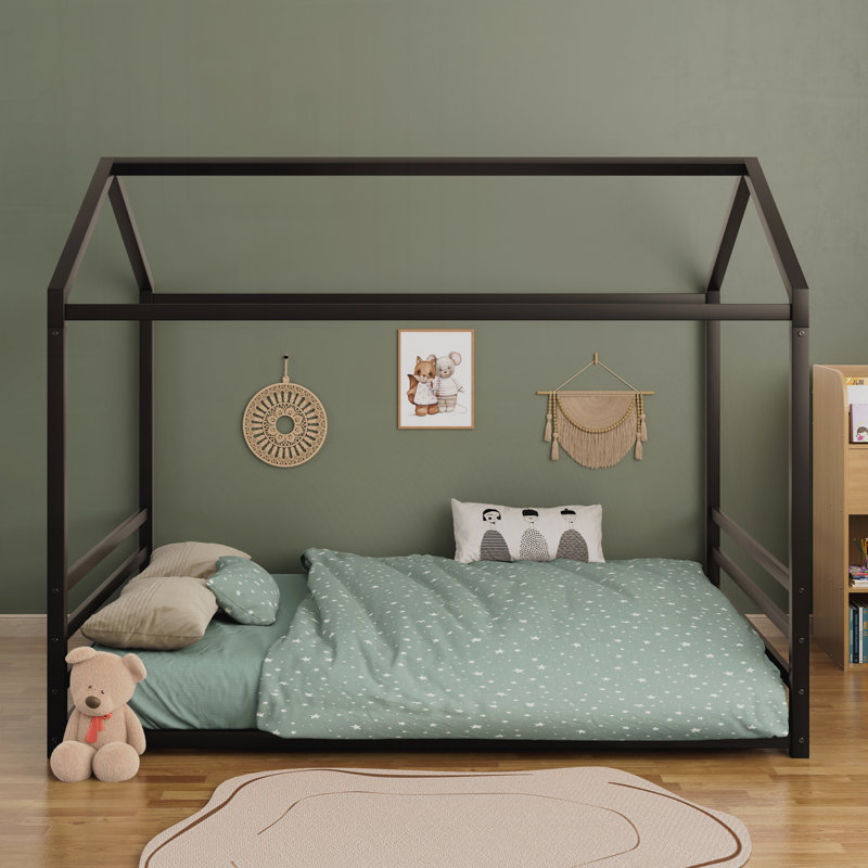 Montessori Style Metal Floor Bed Frame, House Shaped Bed with Guardrails, No Slats, Black, Full