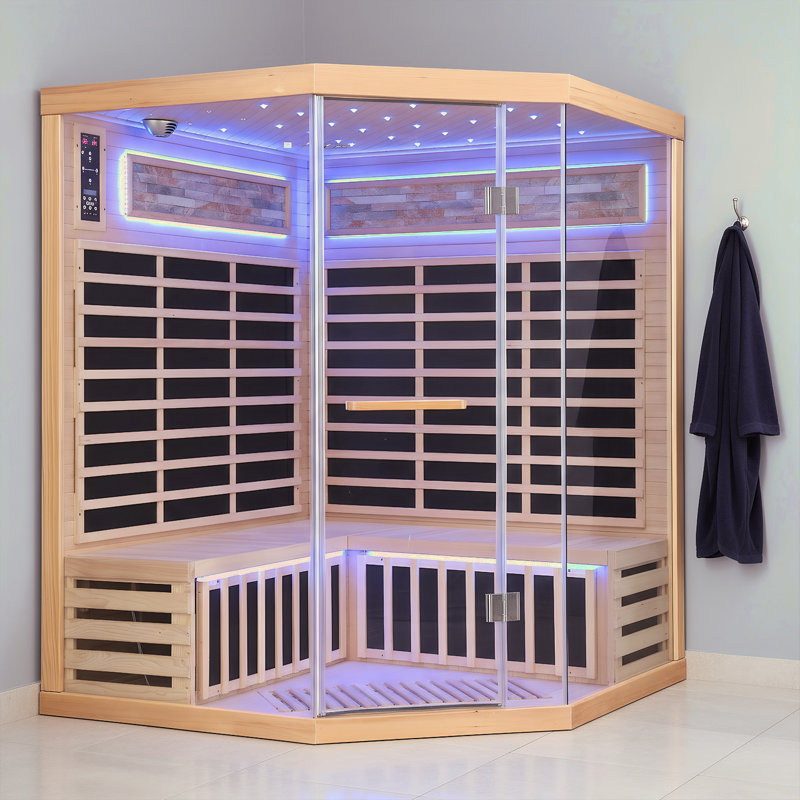 Infrared Sauna For Home 4 Person Indoor Sauna Hemlock Wood Corner Saunas 240v 2595w With Red Light, Oxygen Bar, Bluetooth Speakers