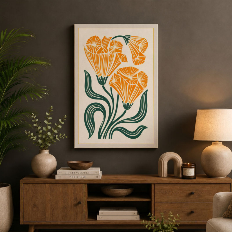 Sunburst Blooms Botanical - Wrapped Canvas, 30x20 - 76.2 x 50.8 cm, Cream Border