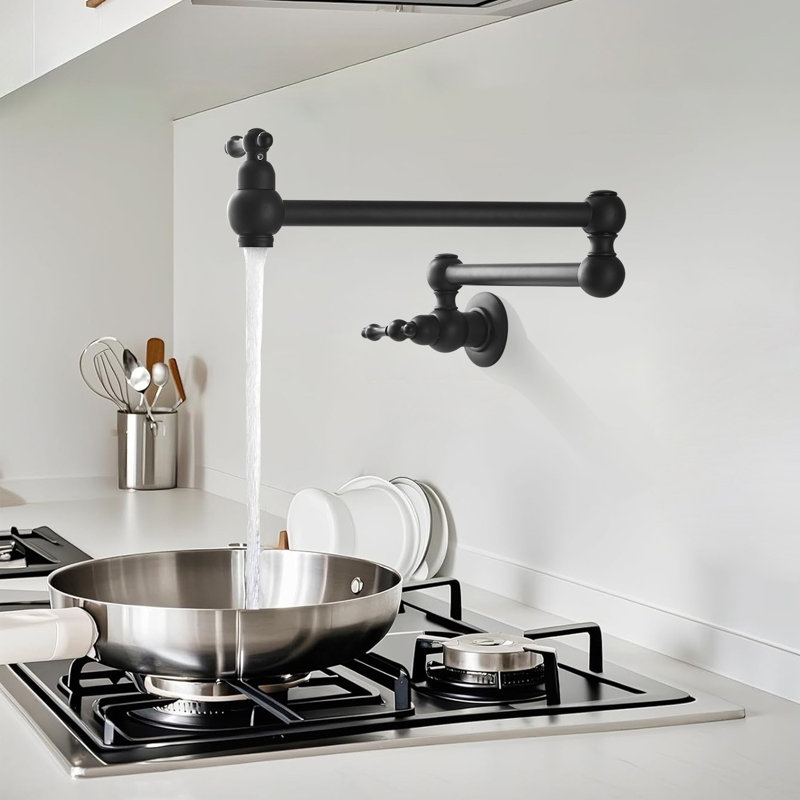 Single Hole Wall Mounted Swing Arm Folding Pot Filler Kitchen Faucet With Double Handles, Matte Black