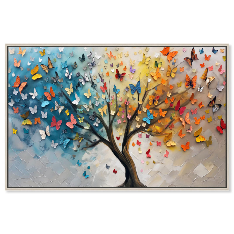 «Fluttering on Tree I», art coloré sur toile par Art Remedy, H 25 po x l 37 po x P 2 po, Encadrement argenté