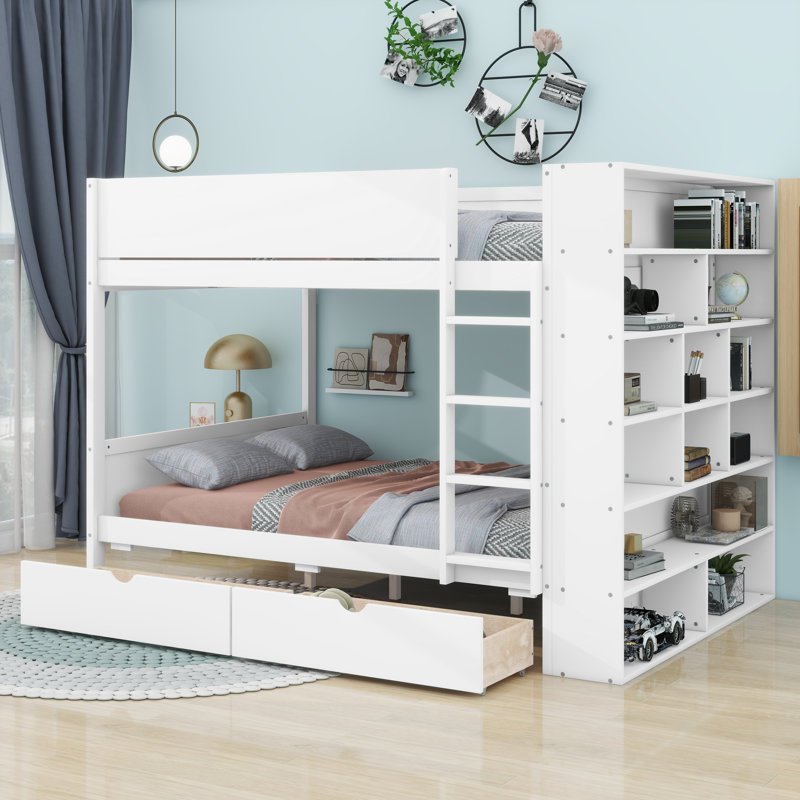 Jasna Full over Full Bunk Bed With 2 Drawers and Multi-layer Cabinet, White