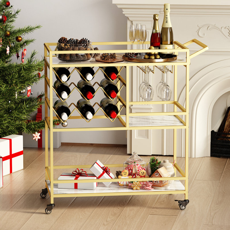 Stamatina 3-Tier Metal Bar Cart with Wine Rack and Glass Storage, Gold
