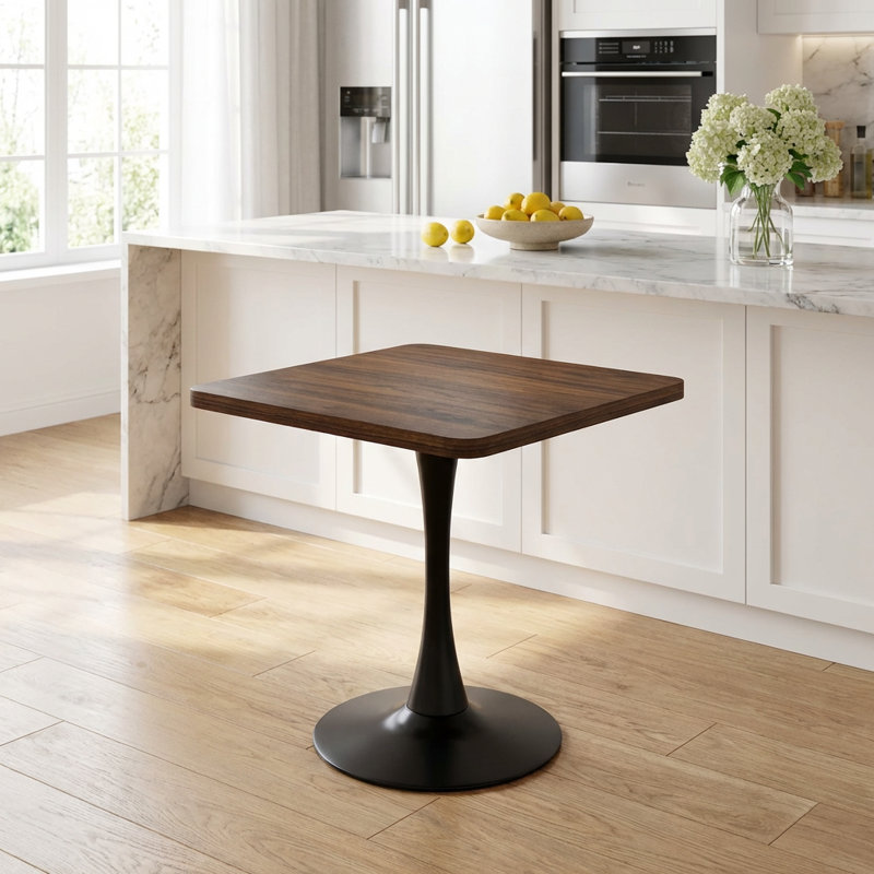 Compact Square Pedestal Dining Table with Thickened Edge Tabletop and Metal Base, 28.7" H x 27.8" L x 27.8" W