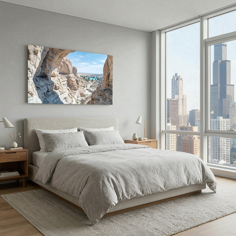 Toile de grès beige encadrée turquoise, oasis du désert, L 46 po x H 24 po
