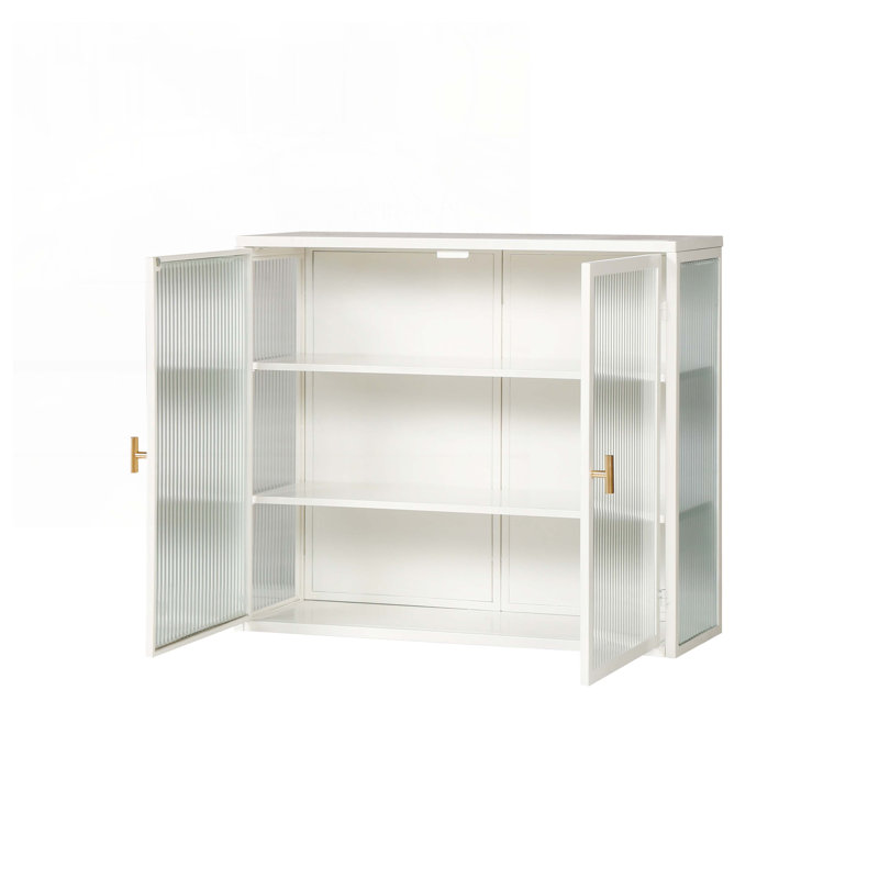 27.56"Glass Doors Modern Two-Door Wall Cabinet With Featuring Three-Tier Storage, White